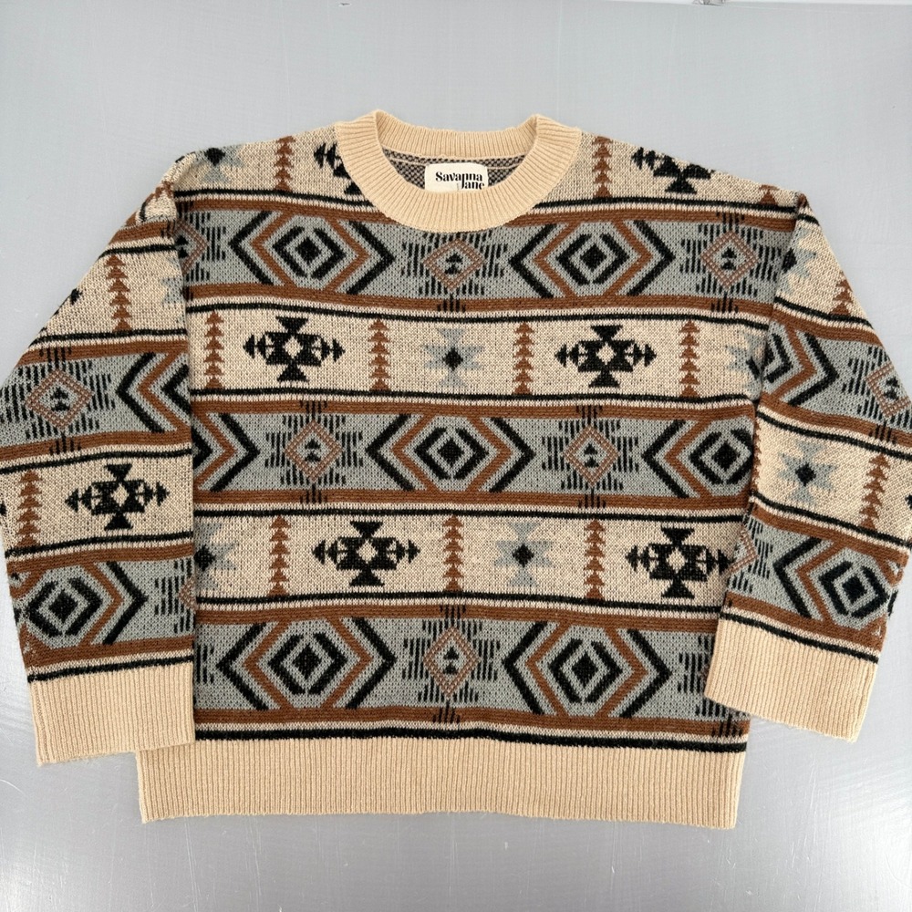 Savanna Jane Women L Southwestern Geometric Aztec‎ Knit Sweater Tan Brown Blue